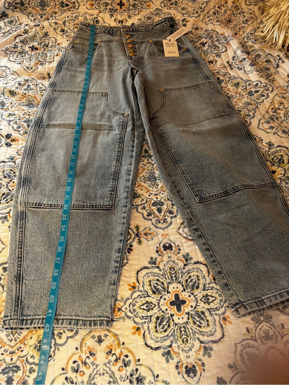 High-Rise Women's Blue Carpenter barrel Jeans with Patch Pockets
